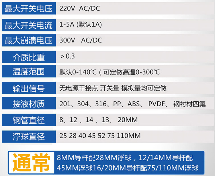 储罐浮球液位计技术参数对照表